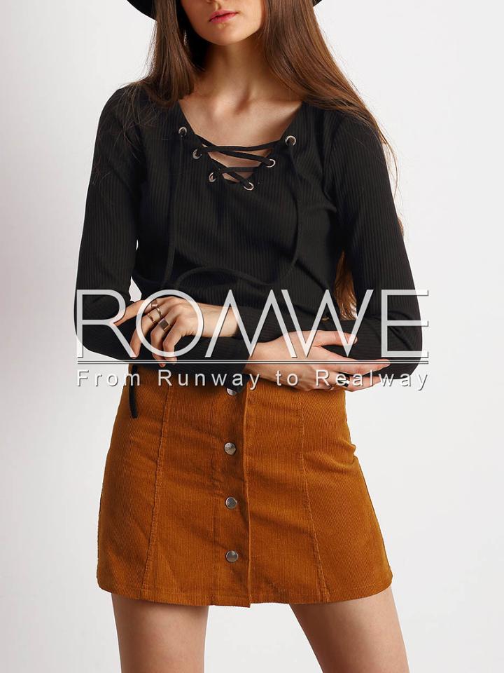 Romwe Black Lace Up Neck Blouse