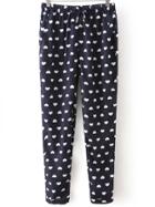 Romwe Heart Print Navy Pant With Draw Cord Waist