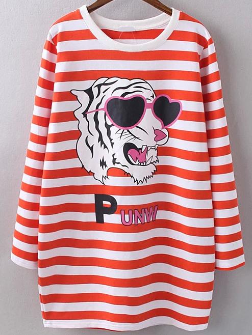Romwe Orange Stripe Tiger Print T-shirt Dress