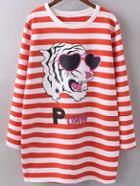 Romwe Orange Stripe Tiger Print T-shirt Dress