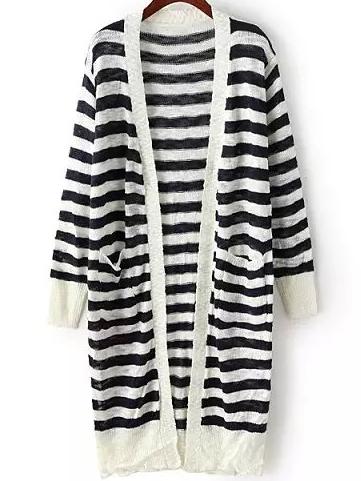 Romwe Striped Open-knit Slit Black Cardigan