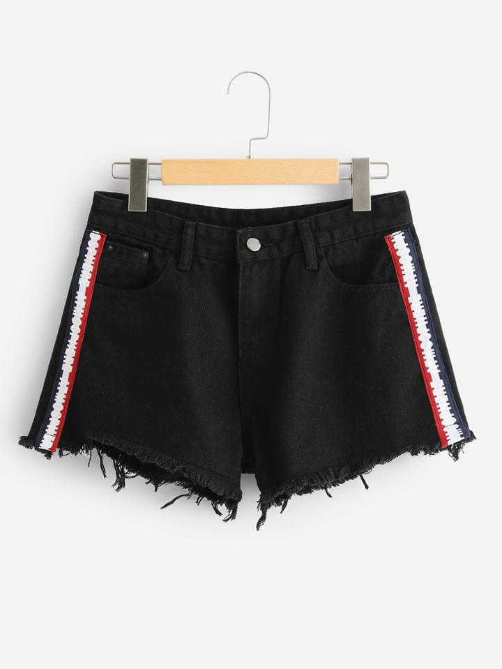 Romwe Stripe Contrast Raw Hem Denim Shorts