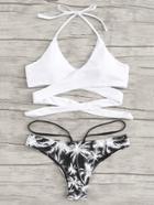 Romwe Crisscross Palm Tree Print Bikini Set