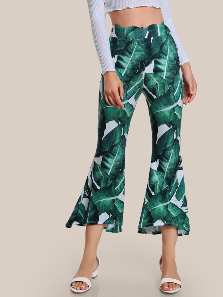 Romwe Jungle Leaf Print Scallop Waist Flared Pants