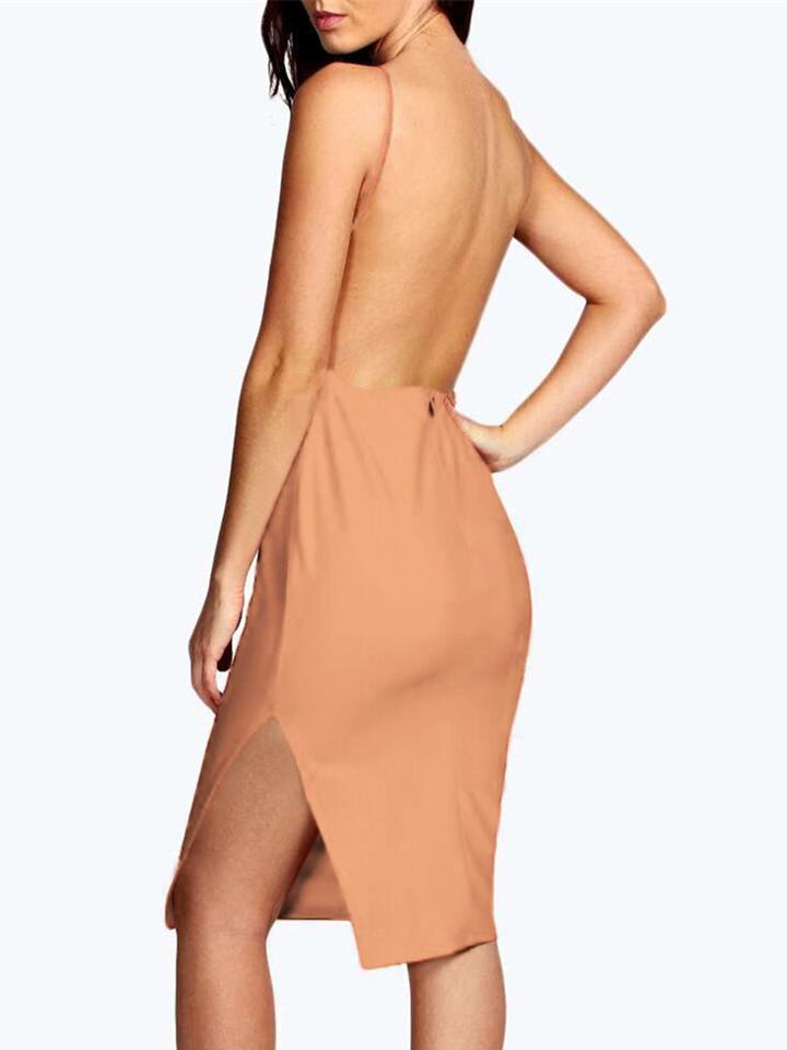 Romwe Nude Spaghetti Strap Split Backless Dress