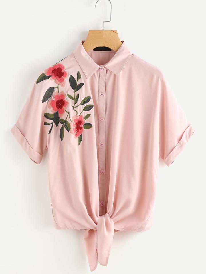 Romwe Tie Front Cuffed Sleeve Embroidered Blouse