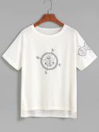 Romwe White Anchors And Compass Print Dip Hem T-shirt
