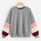 Romwe Color Block Faux Fur Contrast Sleeve Sweatshirt