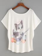 Romwe White Cat Print Dolman Sleeve T-shirt
