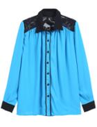 Romwe Lace Shoulder Buttons Chiffon Blue Blouse
