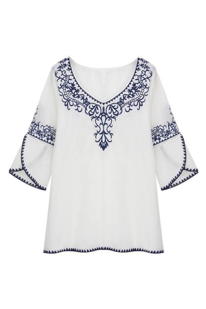 Romwe Embroidered Cropped Sleeves White Blouse