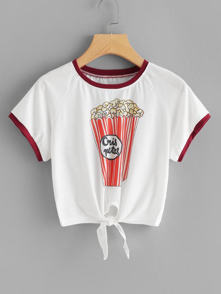 Romwe Popcorn Print Knot Detail Tee