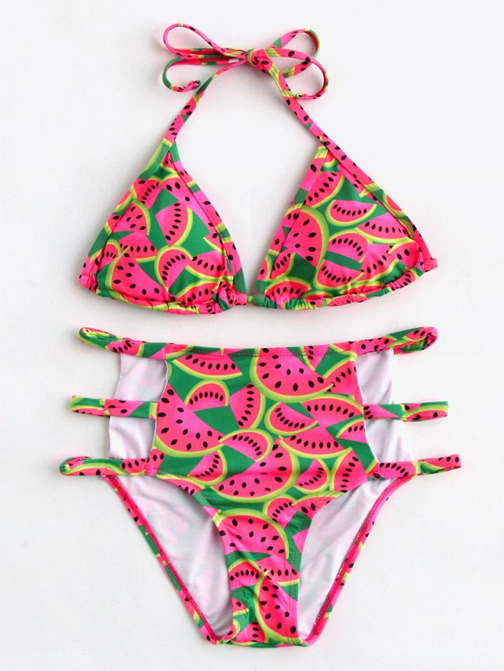 Romwe Watermelon Print Ladder Cutout High Waist Bikini Set