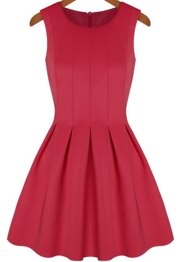Romwe Sleeveless Pleated Flare Red Dress