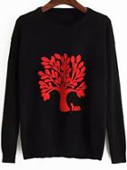 Romwe Tree Embroidered Black Sweater