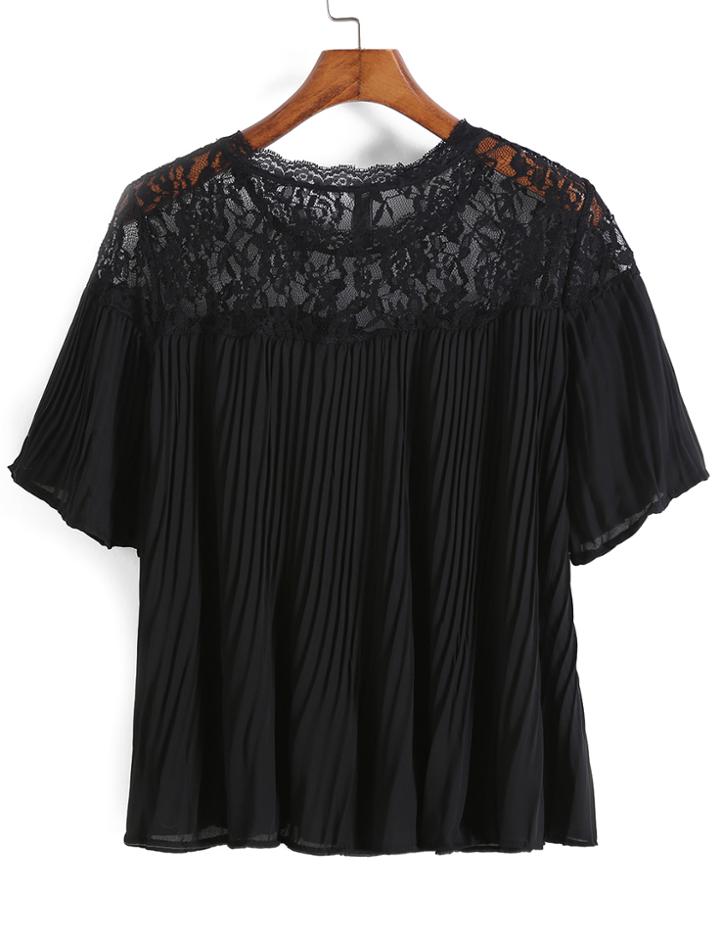 Romwe Lace Insert Pleated Black Top