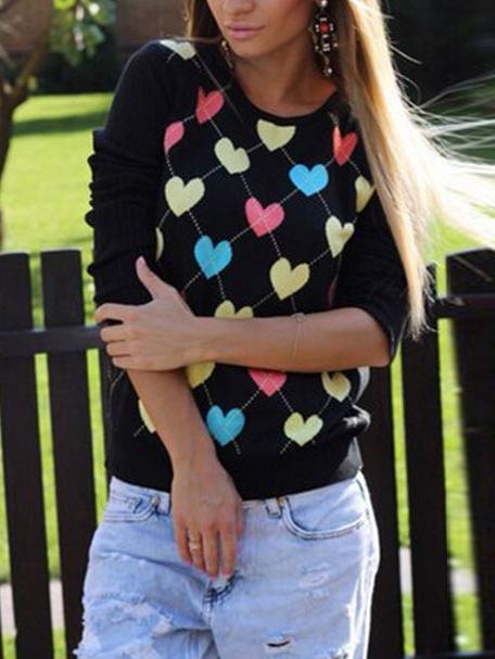 Romwe Black Crew Neck Heart Shaped Print Sweater