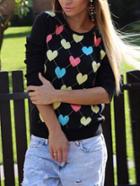 Romwe Black Crew Neck Heart Shaped Print Sweater