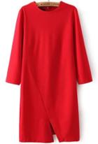 Romwe Red Long Sleeve Split Straight Dress