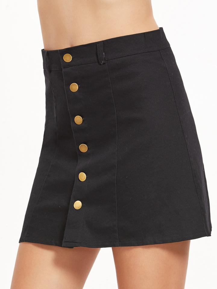 Romwe Black Single Breasted A-line Skirt