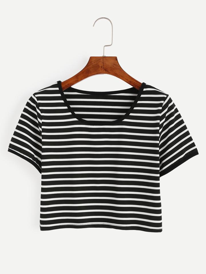 Romwe Black And White Striped  Crop T-shirt