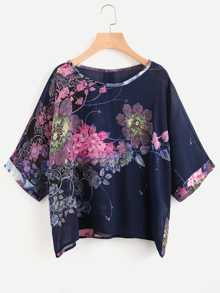 Romwe Floral Print Button Back Chiffon Blouse