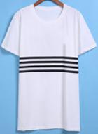 Romwe Round Neck Striped White T-shirt