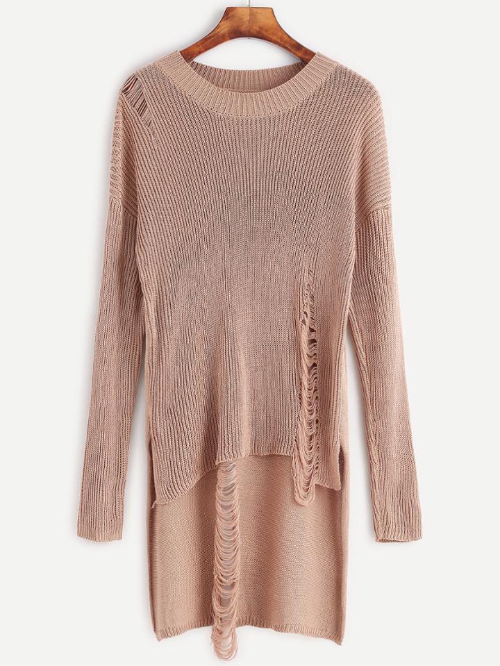 Romwe Drop Shoulder High Low Slit Side Distressed Sweater