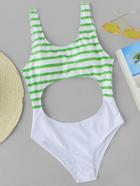 Romwe Striped Print Cutout Scoop Neck Swimsuit