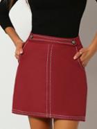 Romwe Pockets Buttons Slim Red Skirt