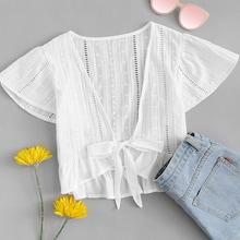 Romwe Schiffy Eyelet Ruffle Hem Knot Top