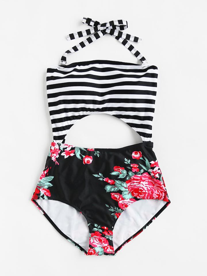 Romwe Striped & Flower Print Bow Tie Back Cutout Swimsuit