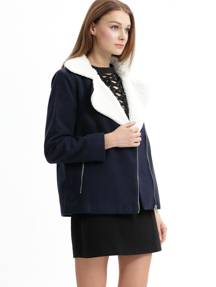 Romwe Navy Long Sleeve Lapel Jacket