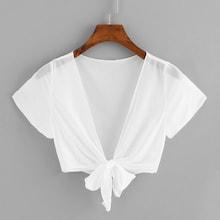 Romwe Knot Hem Solid Sheer Tee