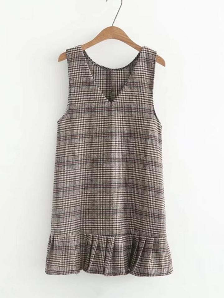 Romwe Glen Plaid Ruffle Hem Vest Dress