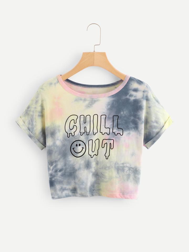 Romwe Slogan Print Water Color Crop Tee