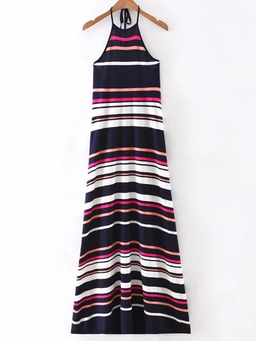 Romwe Multicolor Irregular Stripe Hollow Back Halter Dress