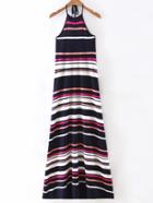 Romwe Multicolor Irregular Stripe Hollow Back Halter Dress