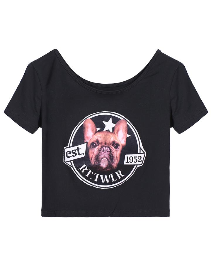 Romwe Dog Print Crop Black T-shirt