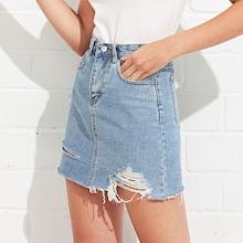 Romwe Raw Hem Faded Denim Skirt