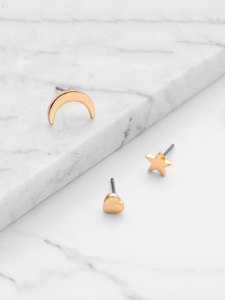 Romwe Moon & Star & Heart Design Earring Set 3pcs