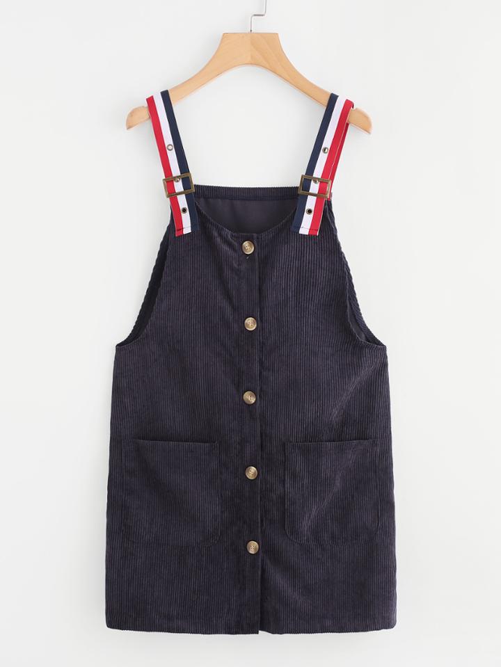 Romwe Corduroy Single Breasted Dual Pocket Pinafore Dress