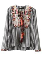 Romwe Grey Vertical Striped Embroidery Tie Blouse