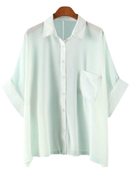 Romwe White Buttons Front Pocket Batwing Sleeve Chiffon Blouse