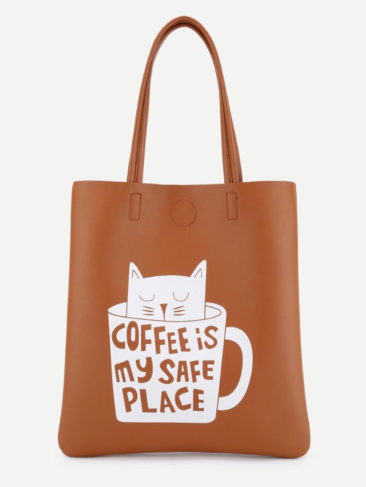 Romwe Cat & Cup Print Tote Bag