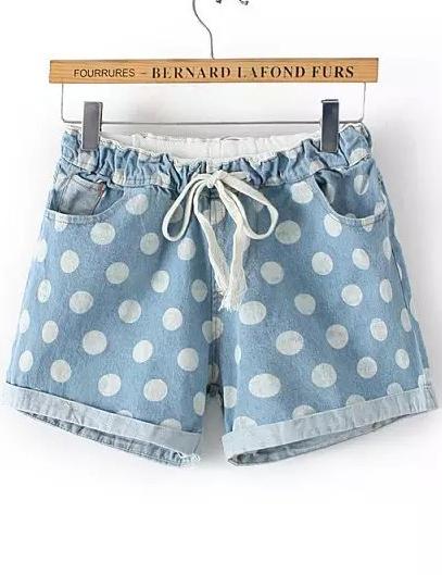 Romwe Blue Drawstring Waist Polka Dot Shorts