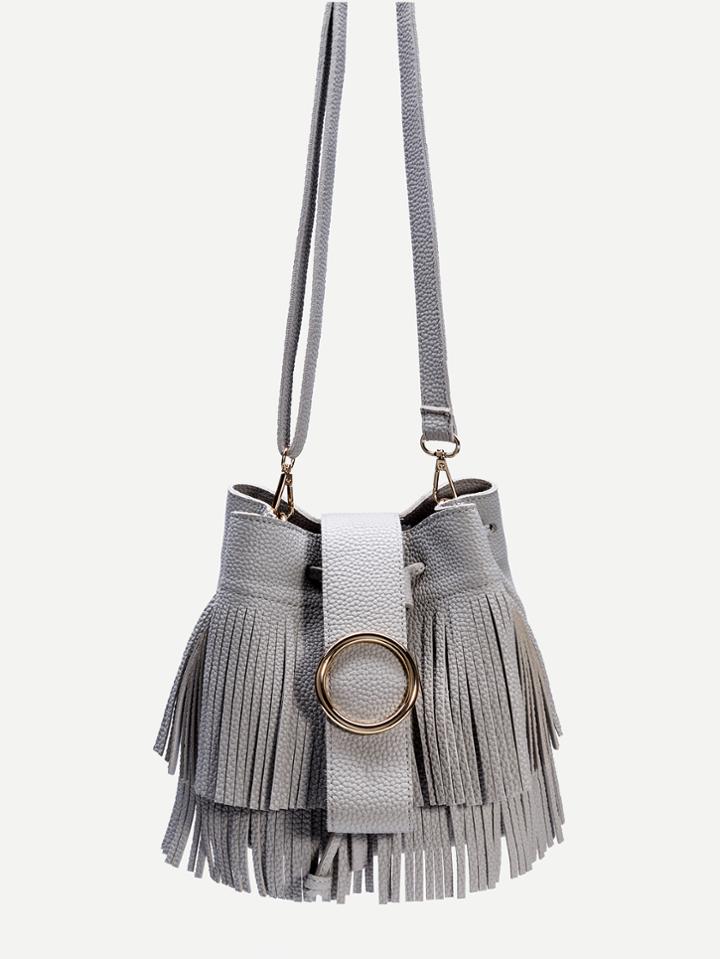 Romwe Grey Pu Fringe Trim Drawstring Bucket Bag