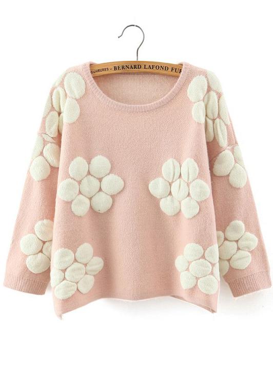 Romwe Flower Embossed Loose Pink Sweater