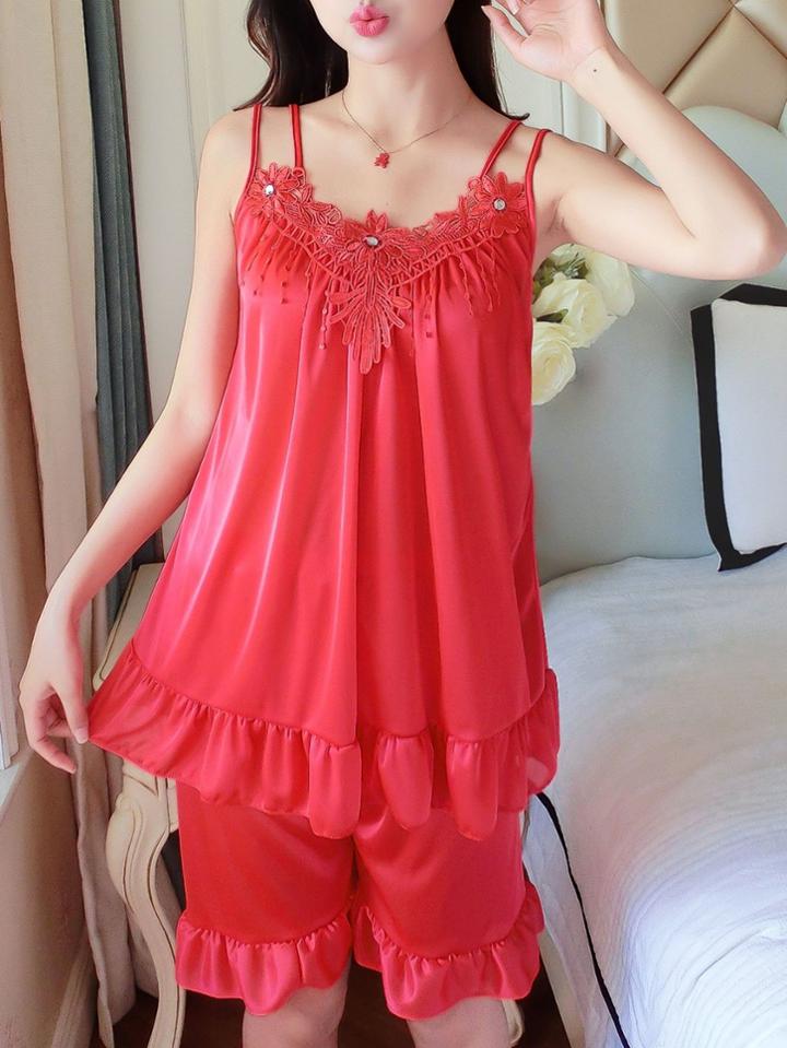 Romwe Ruffle Hem Solid Cami Top & Shorts Pj Set