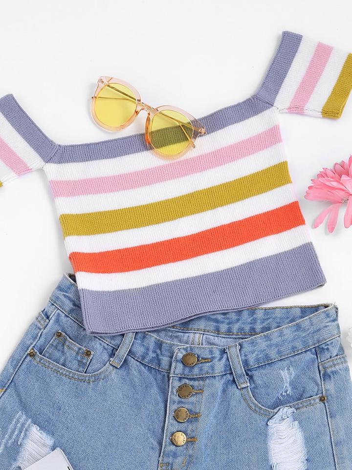 Romwe Striped Crop Knit Bardot Top